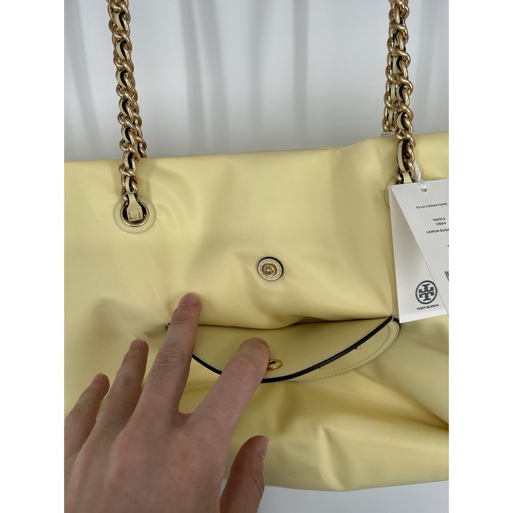Tory Burch Lemon Sugar Ella Chain Tote Nylon Magnetic Snap Closure Yellow Bag - Picture 6 of 7
